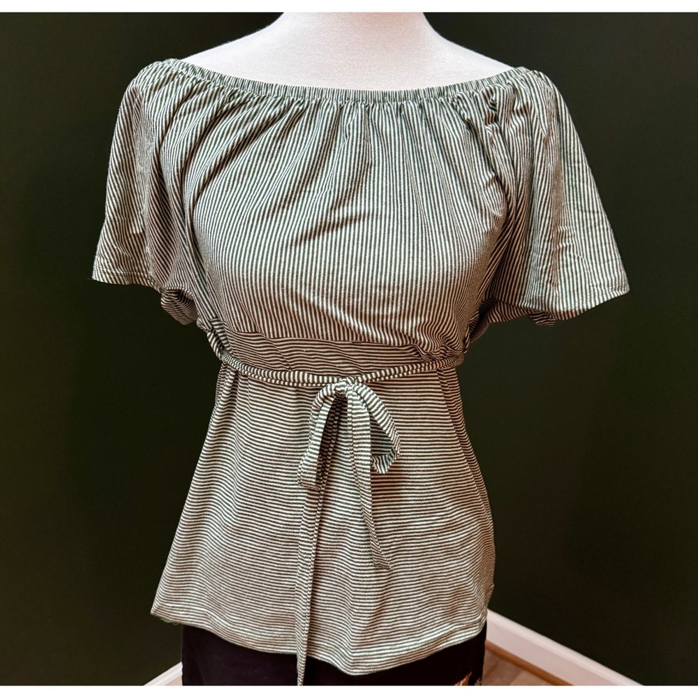 Fashion to Figure Green & White Stripe Off Shoulder Flutter Sleeve Top 1X